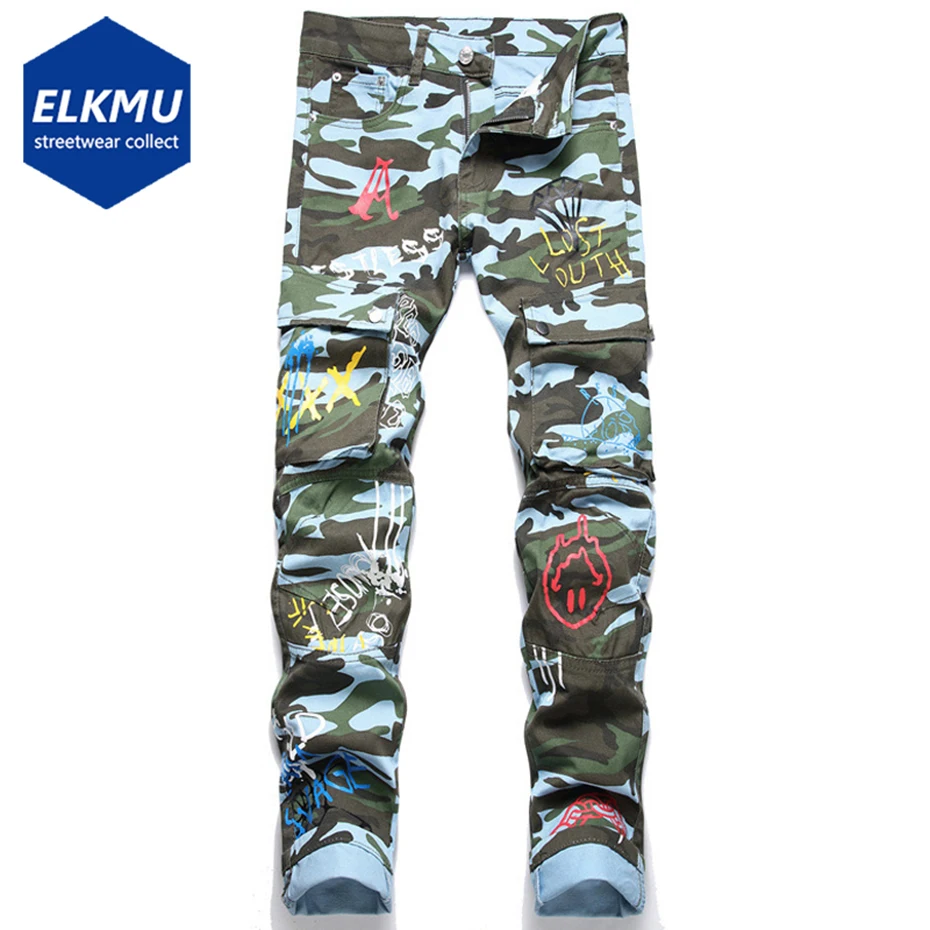 

Men Fashion Camouflage Cargo Jeans Printed Slim Straight Denim Pants Harajuku Hip Hop Straight Jeans Trousers