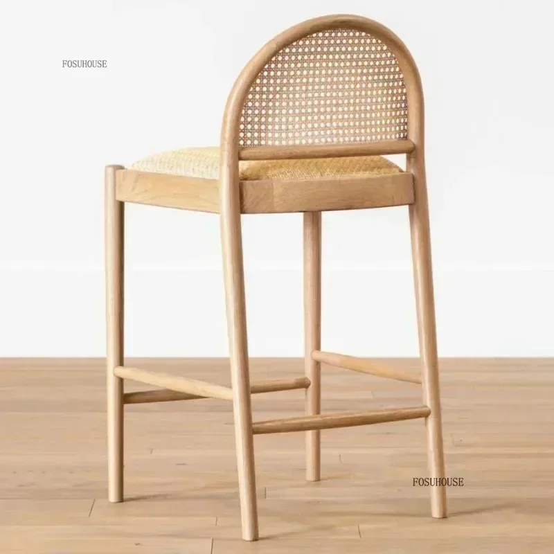 Luxury Woven Rattan Bar Chairs Commercial Barstools Modern Home Furniture Nordic Minimalist Solid Wood Kitchen High Stool H l