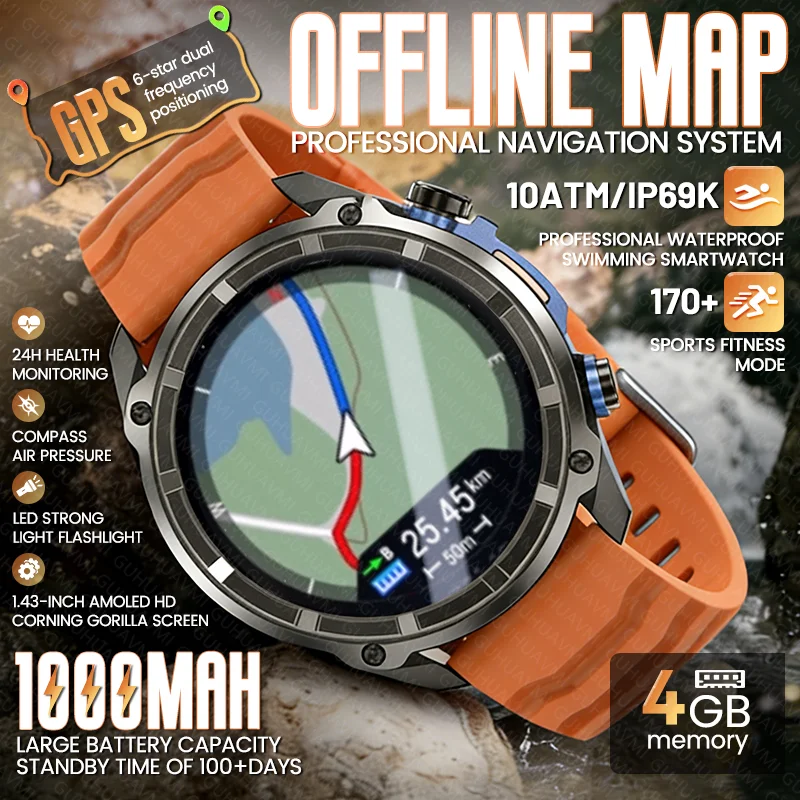 2026 New GPS Offline Map Smart Watch Outdoor Men Altimeter 1000mAh Battery 10ATM Waterproof BT Call 4GB Memory Sports Smartwatch 1