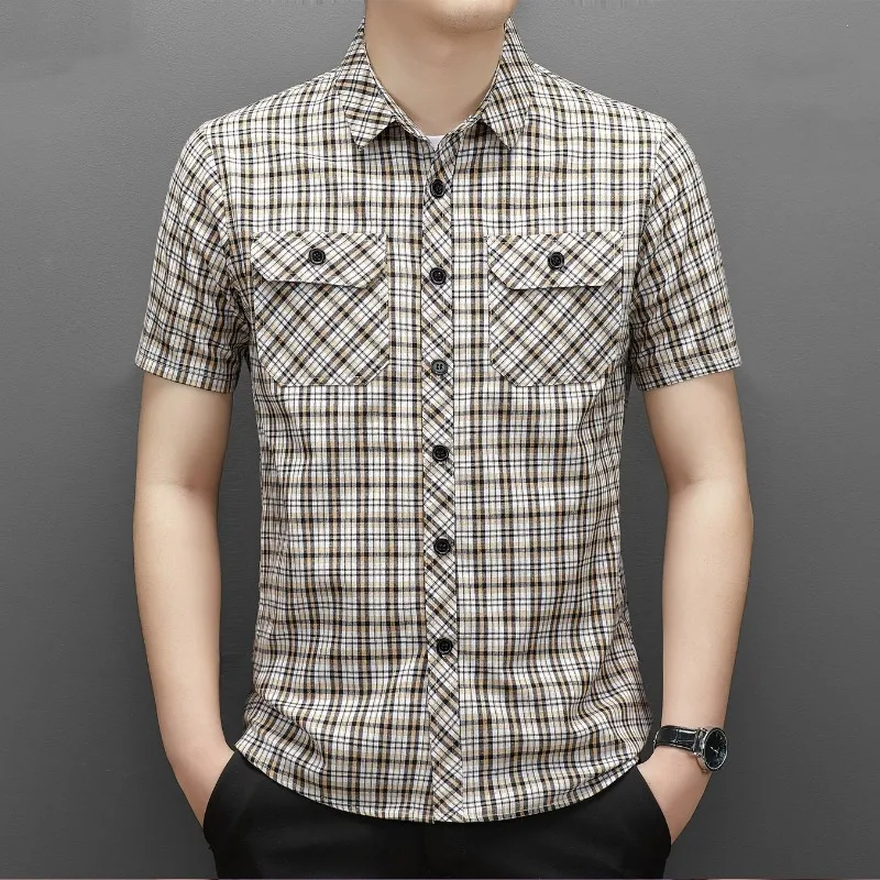 

Summer Cotton Men's New in Shirt Slim Fit Plaid Striped Short Sleeve Button Pocket Polo Lapel Casual Fashion Vintage Tops