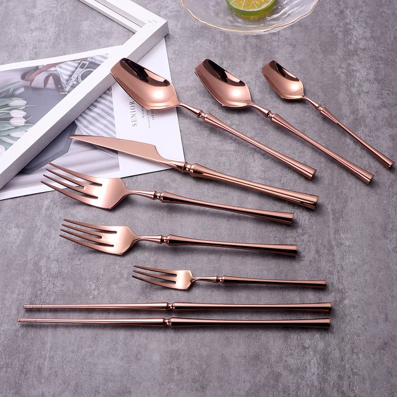 Bright Rose Gold 18/10 Stainless Steel Cutlery Dinnerware Tableware Knife Spoon Fork Chopsticks Flatware Set Dishwasher Safe