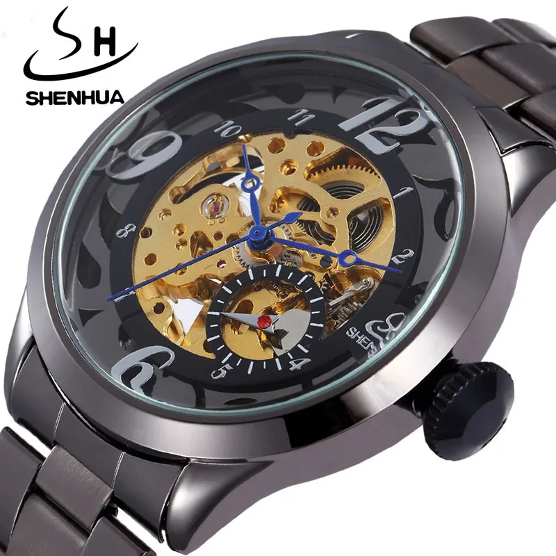 

SHENHUA Fashion Steampunk Style Men Watches Skeleton Black Stainless Steel Automatic Self Wind Mechanical Wristwatches