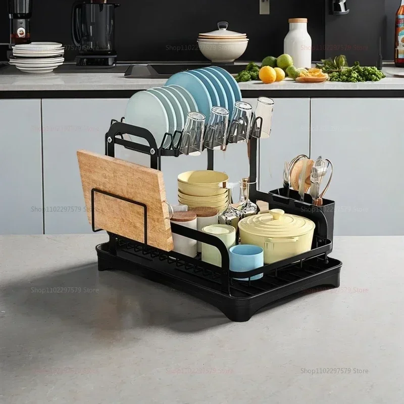 Kitchen Bowl Rack Household Countertop Anti-rust Countertop Double-layer Drain Bowl Rack Multi-function Dish Storage Rack