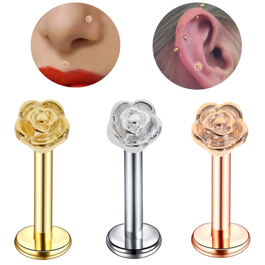 

1pc Rose Gold Color Nose Ring 16G 6/8mm Tragus Piercing Labret Lip Ring Helix Piercing Oreja Nose Piercing Earrings Body Jewelry