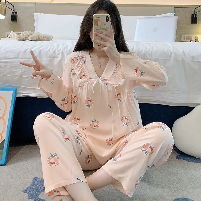 Sweet and Wearable V-neck Nightgown Long Sleeve Trousers Two-piece Set Thin Print Cotton Silk Pajamas  Home Clothing for Women