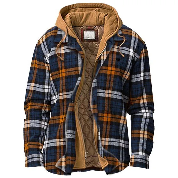 

Popular men's clothing 2023 autumn/winter European and American jacket casual hooded fake two piece plaid jacket