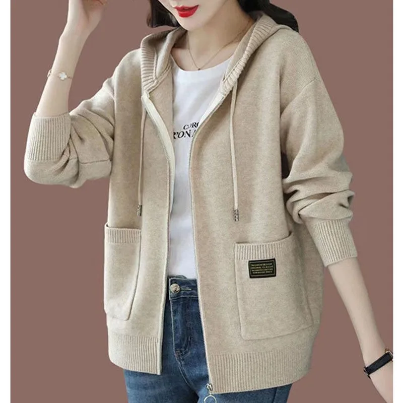 Women Knitted Hooded Sweatshirt Coat