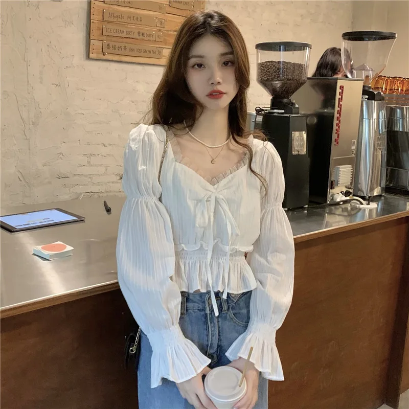 

Women Long Sleeve Pure V-neck Prevalent Korean Style Females Tender New Arrival Spring Drawstring Vintage Slim Ruffles Blouses