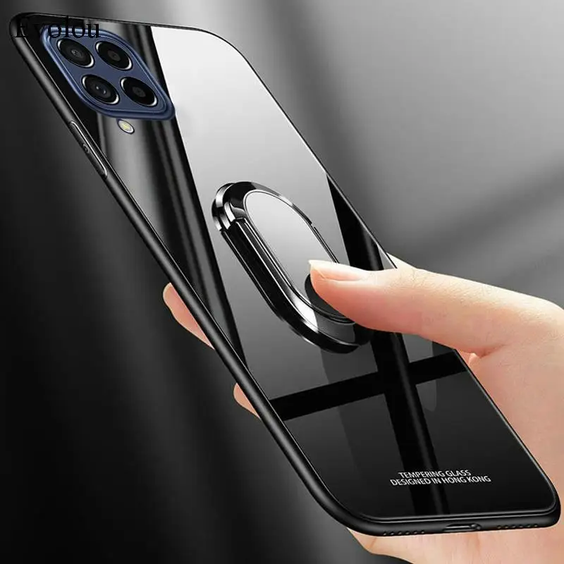 Magnetic Ring Stand Holder Phone Case with Tempered Glass and Shockproof Soft Frame Cover & Lanyard