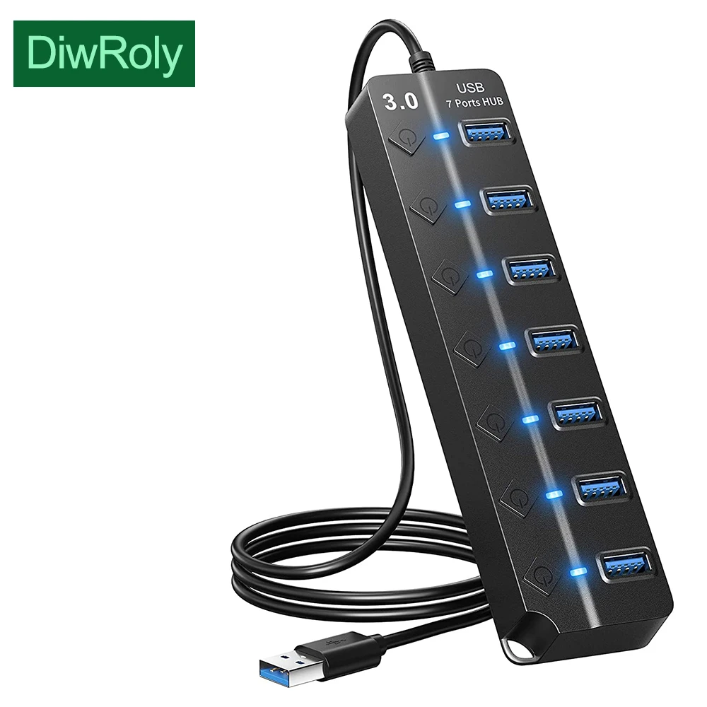 Hub USB 3,0 de alta velocidad Multi USB Splitter 7 puertos 3 Hab adaptador de corriente con interruptor Cable largo con expansor múltiple para PC La| | - AliExpress