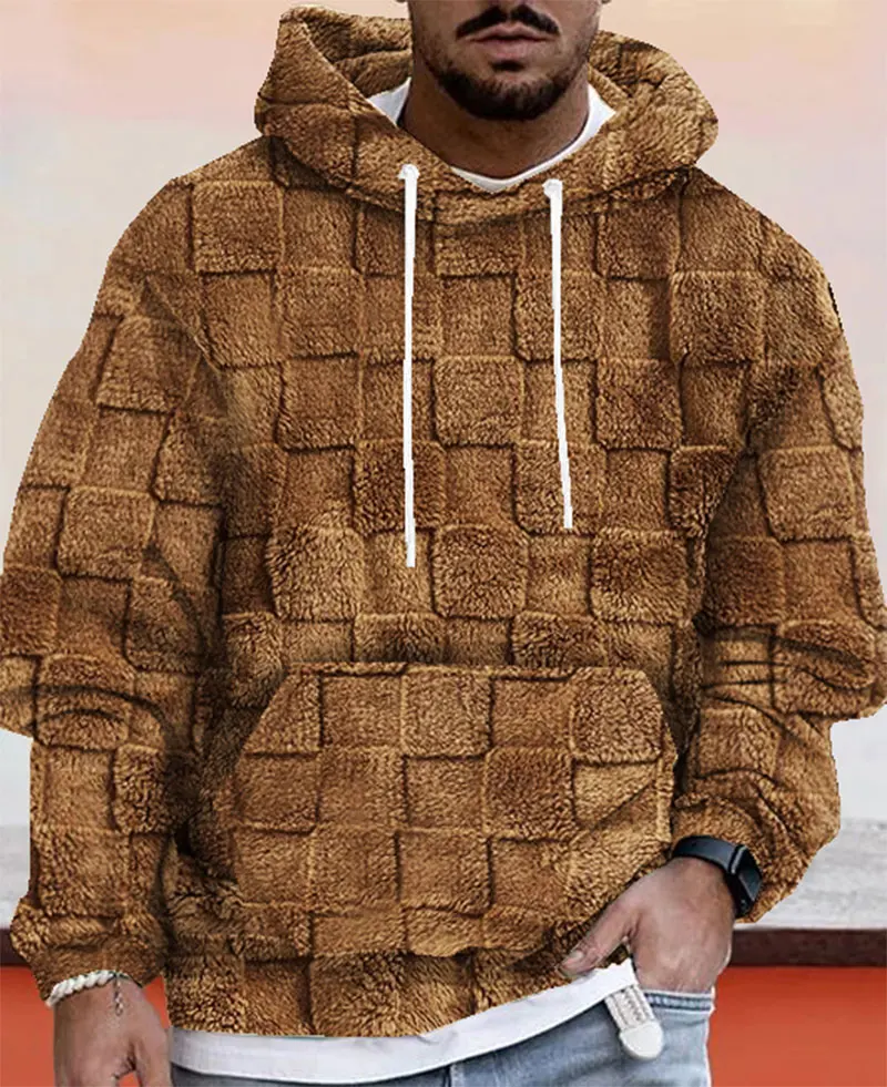 Men's Hooded Concave Convex Plaid Pattern Flannel Hooded Jumper Oversize Casual Solid Color Winter Warm Hoodies Male Clothing