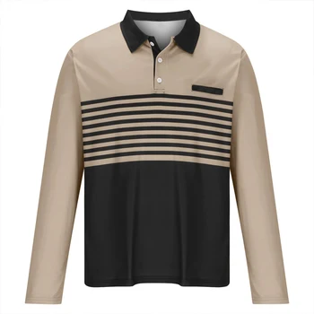 Polo a maniche lunghe da uomo a blocchi di colore con strisce e cuciture, colletto a risvolto, vestibilità ampia, casual e versatile, ideale per primavera e autunno