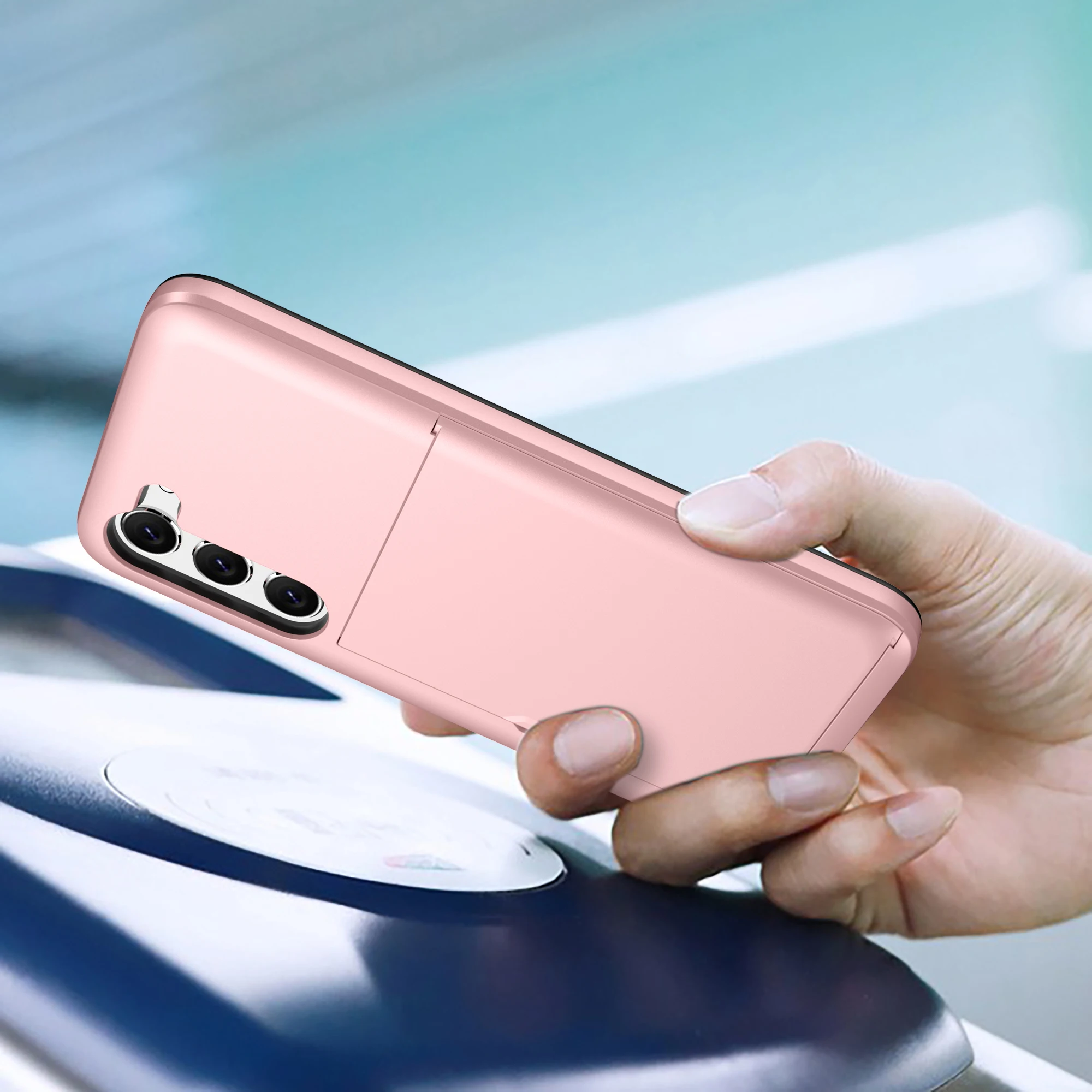 Solid Color Card Holder Slide Slot Hard PC Heavy Duty Protective Phone Case