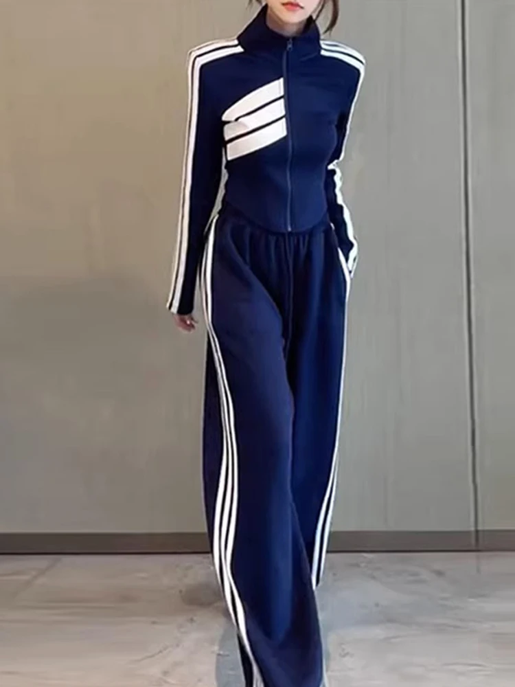 Striped Sports Set Women s Autumn Winter 2023 Fashion Contrast Color Zipper Coat Long Sleeve Casual