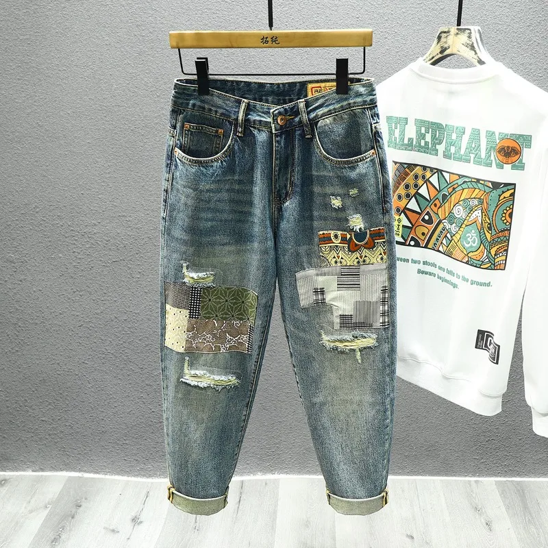 

2024 New Ripped Distressed Jeans Men's Streetwear Patchwork Fashion Hole Hip-hop Baggy Casual Harem Retro Denim Trousers Male