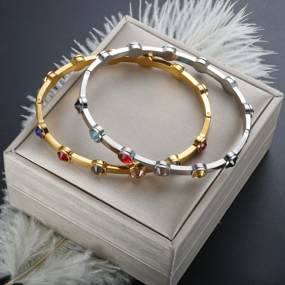 Rainbow Rhinestone Stainless Steel Bangle for Women 2023 New in Gold Plated Jewelry Luxury Gold Color Girlfriend Friend Gift 5