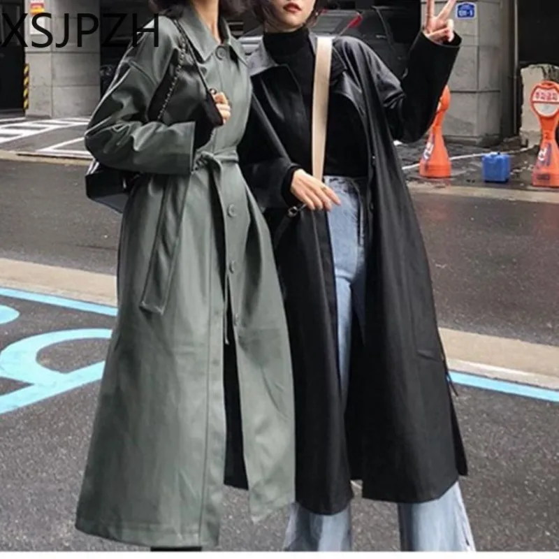 

XSJPZH 2024 Hong Kong Style Woman Autumn Long Leather Jacket New PU Trench Women Fashion Loose Thin Long Sleeved Coats Versatile