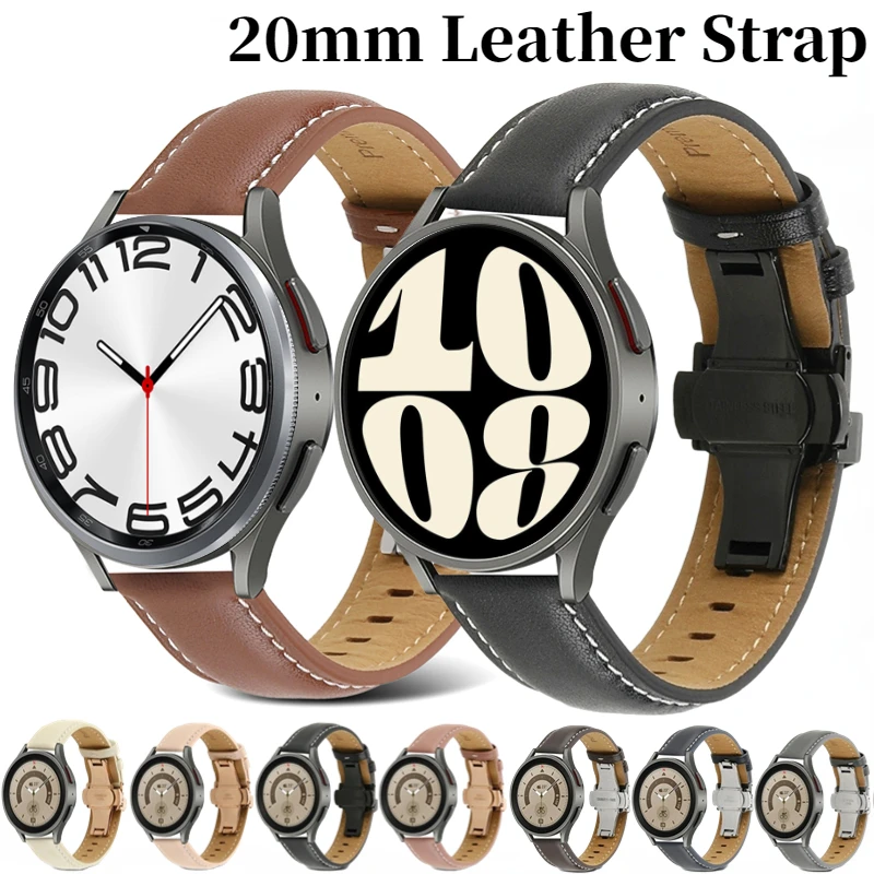 

20mm Genuine Leather Strap For Samsung Galaxy Watch 6/5/4 40mm 44mm 5 Pro Butterfly Buckle Watchband Watch 4 6 Classic 47mm 43mm