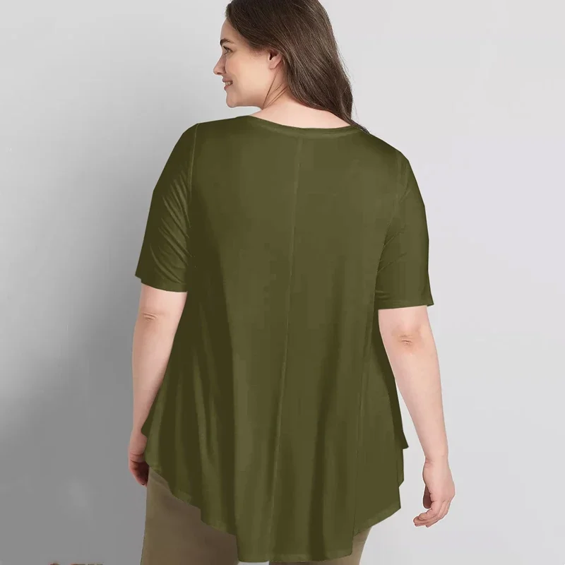 Plus Size V-neck Summer Casual Hi Low Tunic Top Women Short Sleeve Solid Army Green Loose Fit Flare Basic Swing Blouse And Top