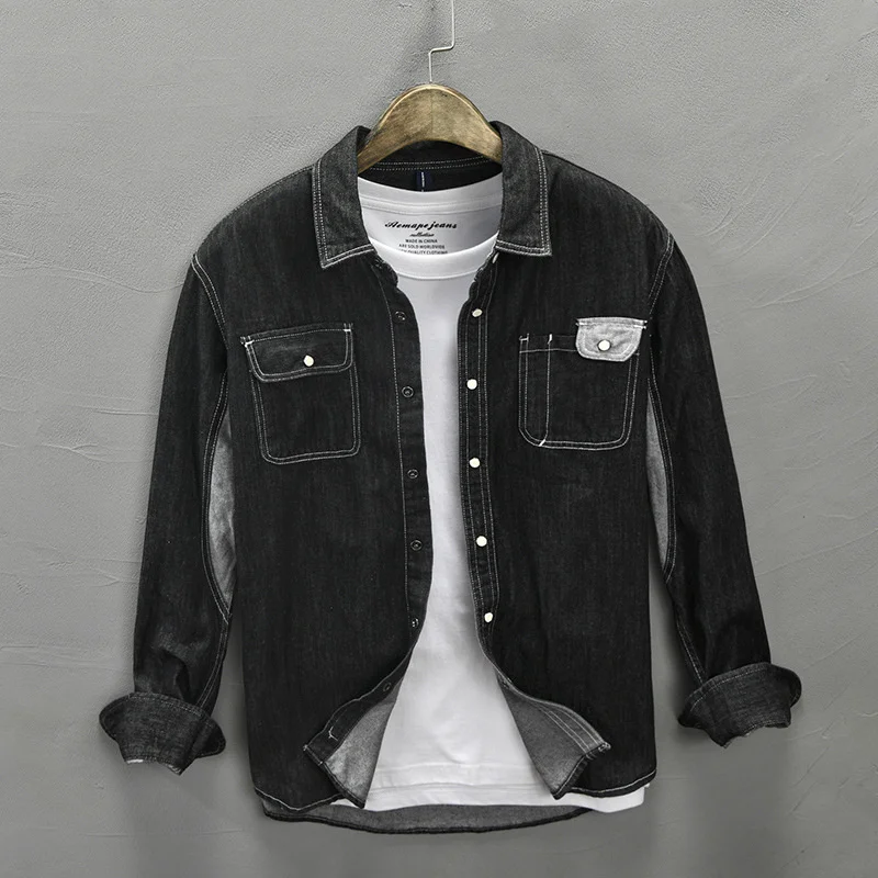 

#7653 Black Blue Green Cargo Denim Shirt Men Outerwear Streetwear Jeans Shirt Men Denim Shirts Pockets 90% Cotton Vintage Spring