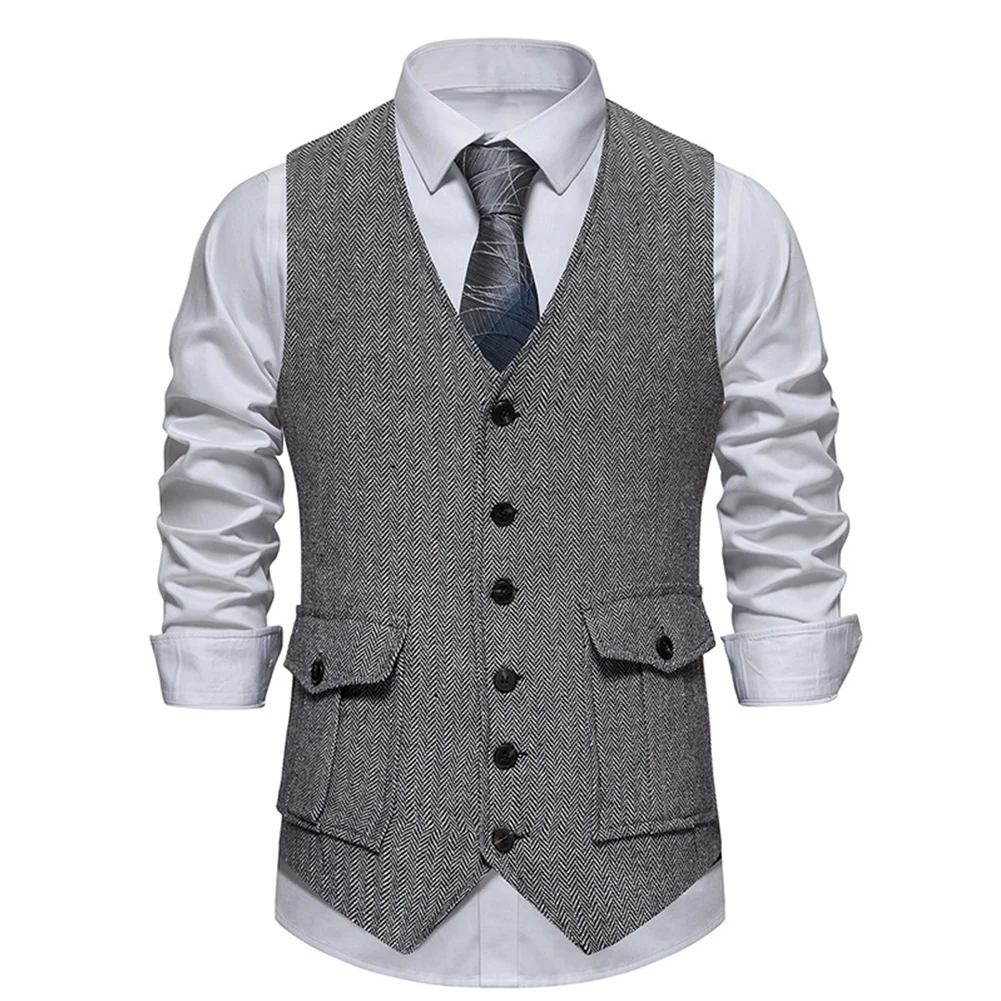 

Business Mens Tweed Waistcoat Vest Retro Vintage Plaid Formal Button Top Sleeveless Single Breasted Suit Dark gray/Blue