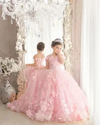 Pink 3d Applique Off Shoulder Beading PearlsTulle Flower Girl Dress For Wedding Child First Eucharistic Birthday Party Dresses