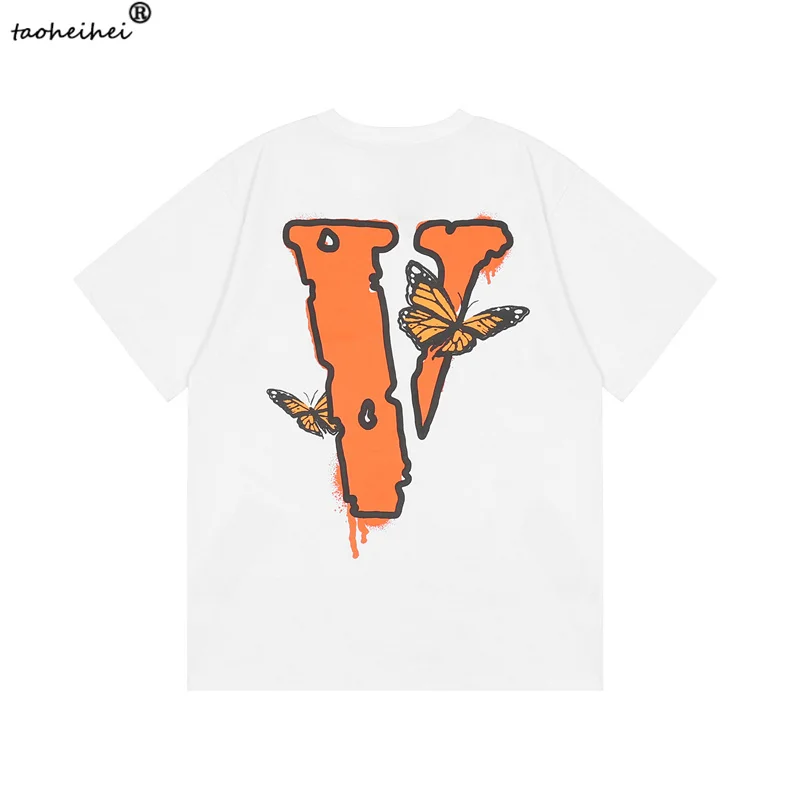 2021 new VLONE short-sleeved big V butterfly print high street star the same loose men and women couple T-shirt |