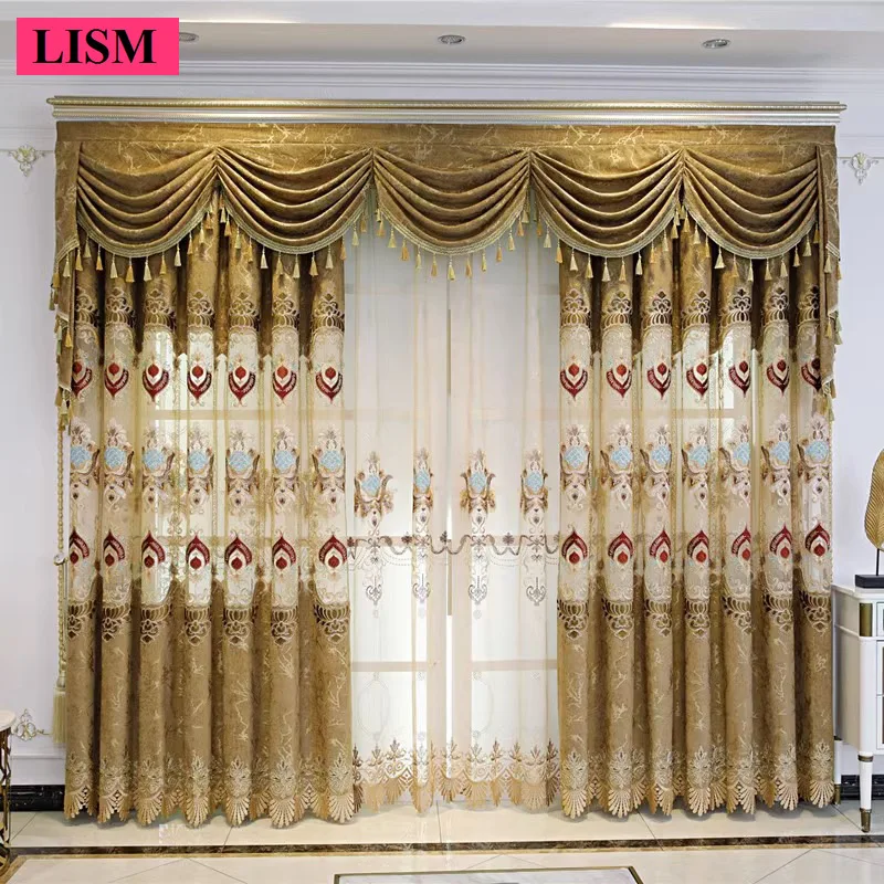 

European Chenille Curtains for Living Room Bedroom Luxury Hollow Water-soluble Embroidery Sunshade Brown Decor Hall Custom Tulle
