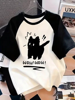 Funny T Shirt cat Letter Print Crew Neck T-Shirt Casual Short Sleeve Top for Spring Summer Women's Clothing 1