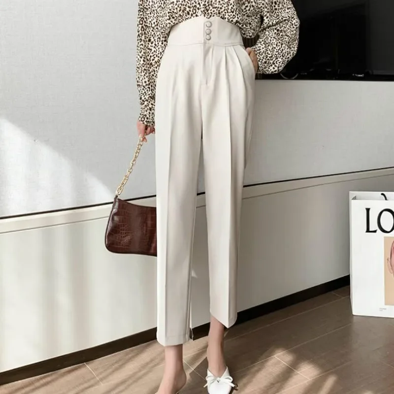

Women Black Buttons Casual Harem Pants 2024 Chic High Waist Pleated New Pant Office Lady Spring Summer Temperament Trousers Pop