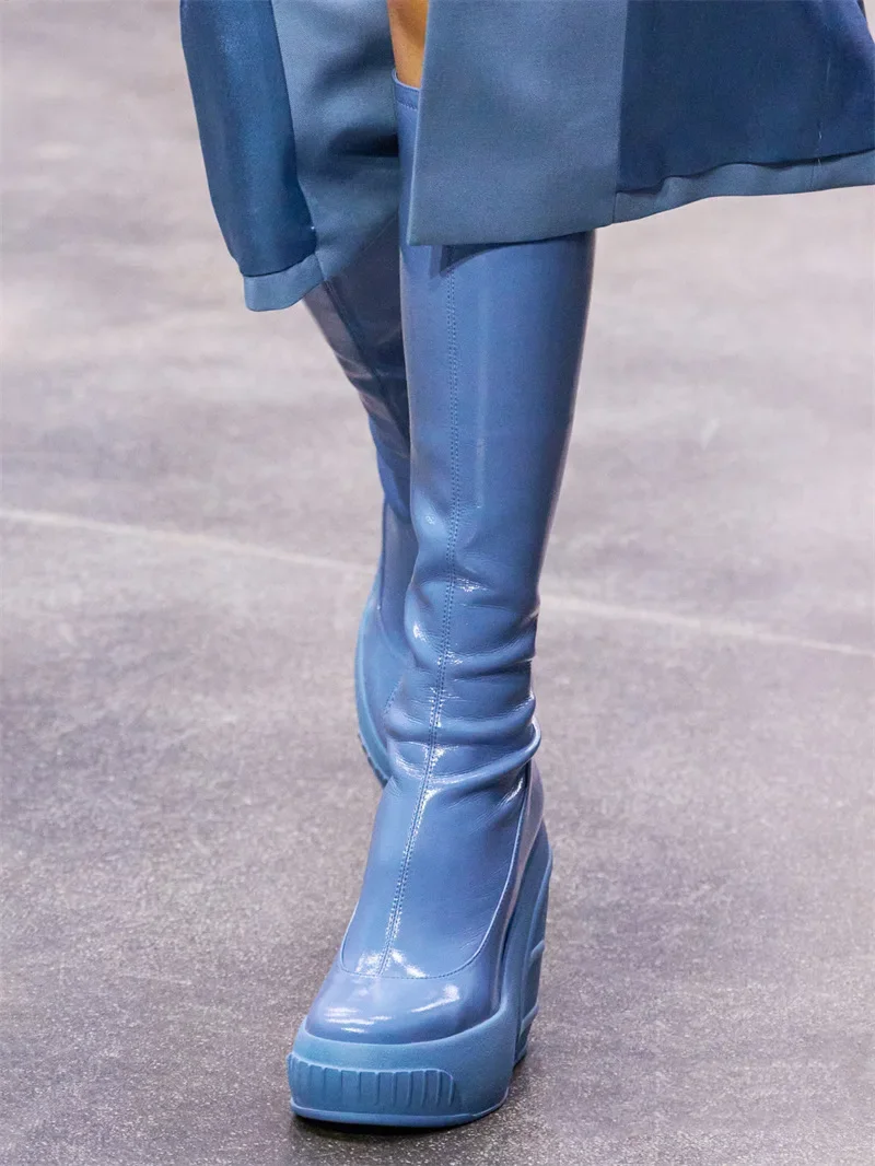 2024 Spring New Slope Heel Thick Bottom Round Toe High Heel Boots Fashion Sexy Cross-border Women's Plus Size Knee-high Boots