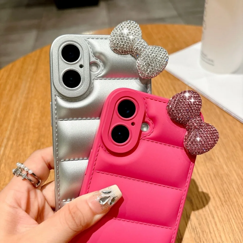 Luxury and Fashionable Diamond Bow Soft Down Jacket Phone Case