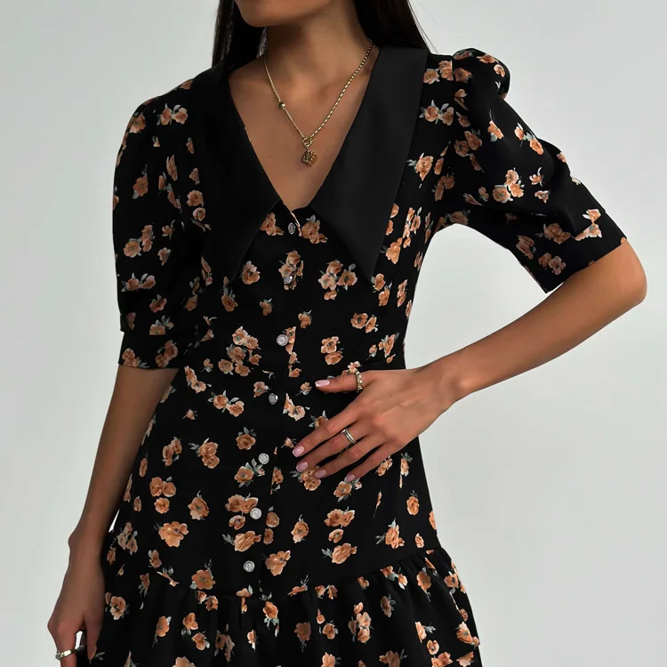Printed Ruffled V-Neck Mini Dress Female Short Sleeve Fashion Slim High Waist Elegant Party Dress Women's Summer Dress New