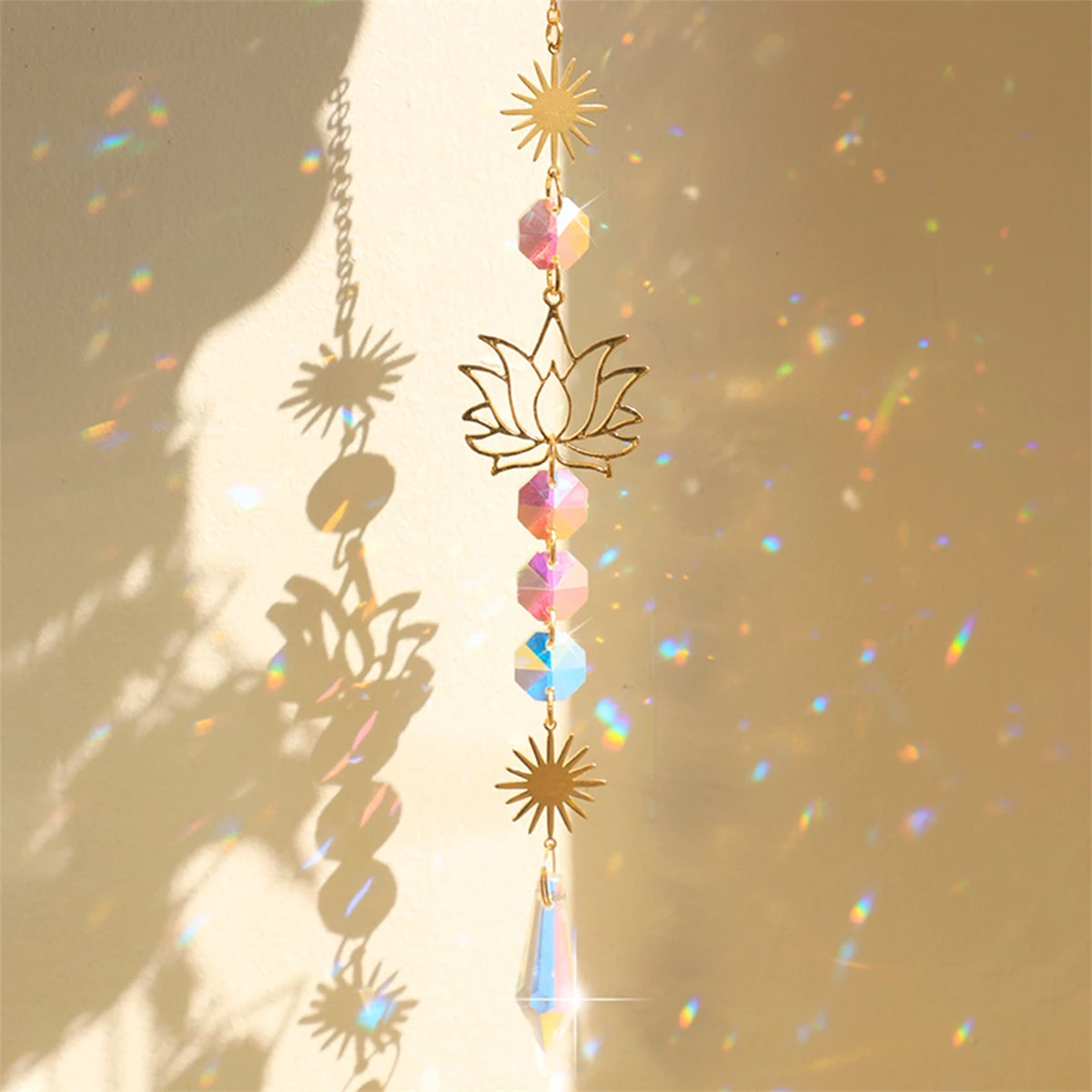 1Pc Golden Lotus Sun Catcher Pendant Colorful Water Drop Crystal Festival Wedding Party Decoration Pendant Gardening Craftings