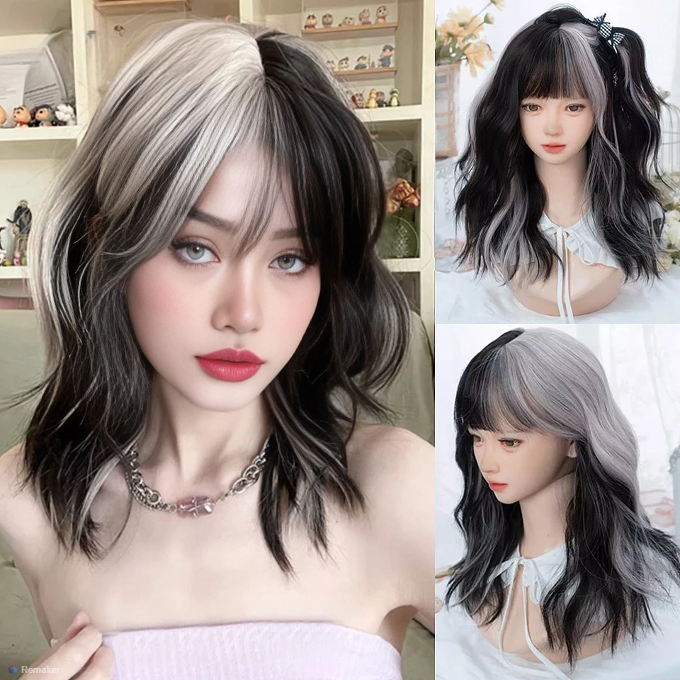 Синтетические короткие волнистые вьющиеся волосы боб с триммируемой челкой черные белые Косплей для женщин короткие парики