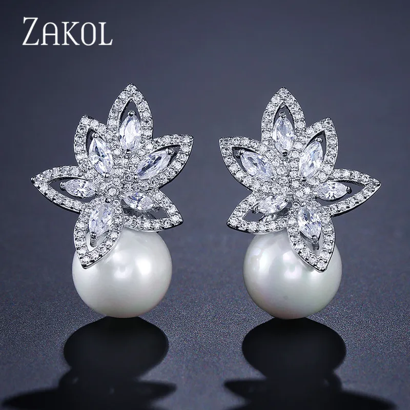 White Flower Pearl Stud Earrings - Gold Plated, Cubic Zirconia, Boho Minimalist Style - View #3
