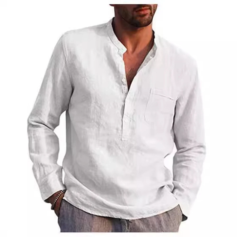 Mens Collarless Pocket Blouse Shirts Summer