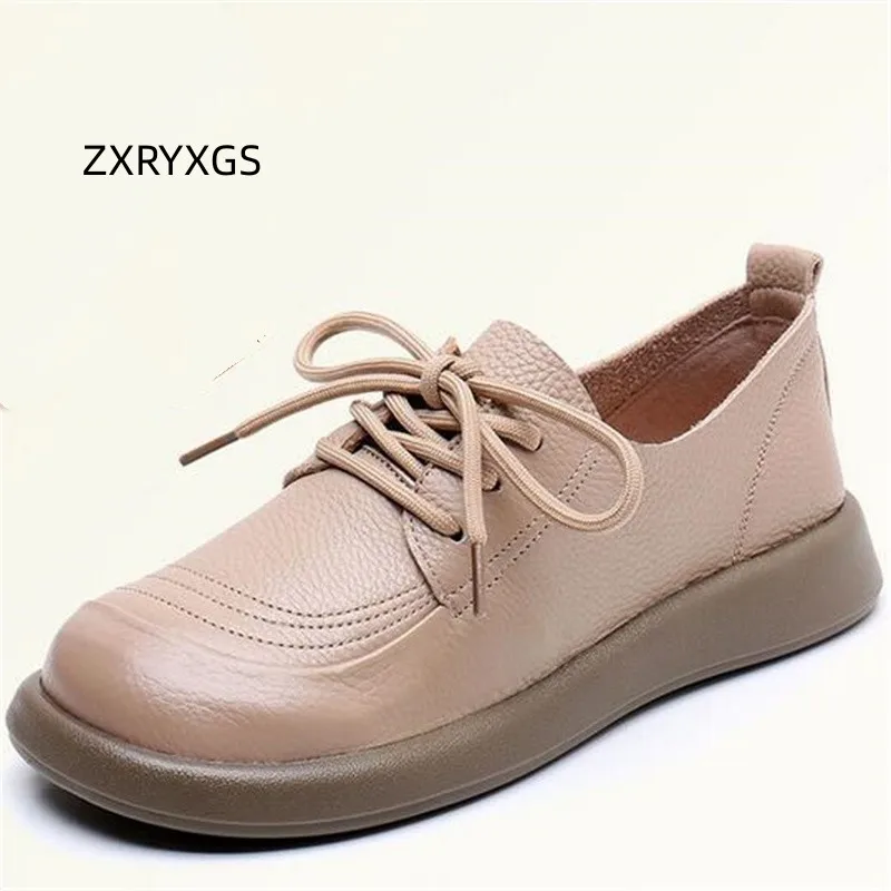 

ZXRYXGS Premium Top Layer Cowhide Soft Sole Flats Women Shoes 2023 Autumn Round Toe Deep Mouth Lace Up Casual Sneaker Large Size