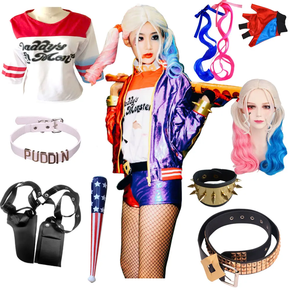 Girls Women Quinn Costume Adult Suicide Harley Stitched Jacket Squad Accessories Monster Joker Cosplay Halloween Costume Outfit