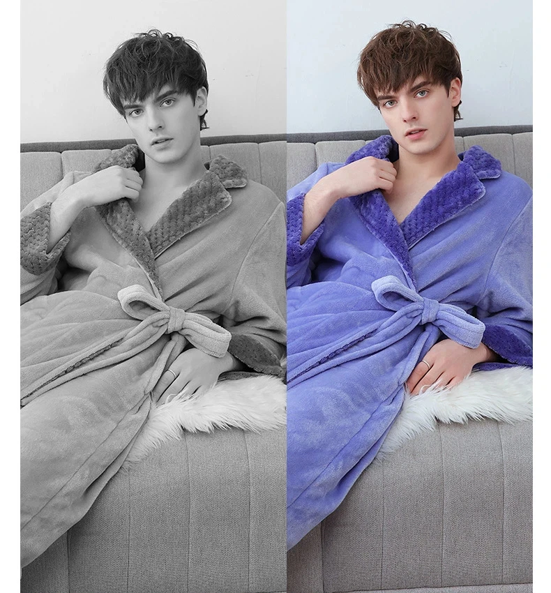 Herren Plüsch-Flanell Bademantel Fleece Kimono-Stil Langer Bademantel mit Waffelbesatz-Kragen und Bindegürtel Gemütliche Lounge-Schlafbekleidung Winter-Robe – Detail 15