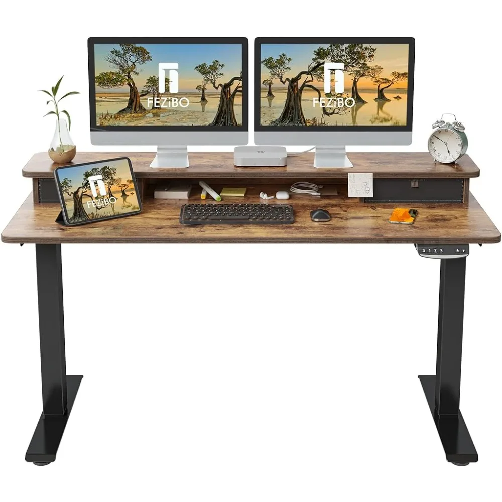 Computer Desks 55 X 24 Inch Height Adjustable Electric Standing Desk with Double Drawer,, Rustic Brown Computer Desks bed frame honey brown solid pinewood 120x190 cm uk small double