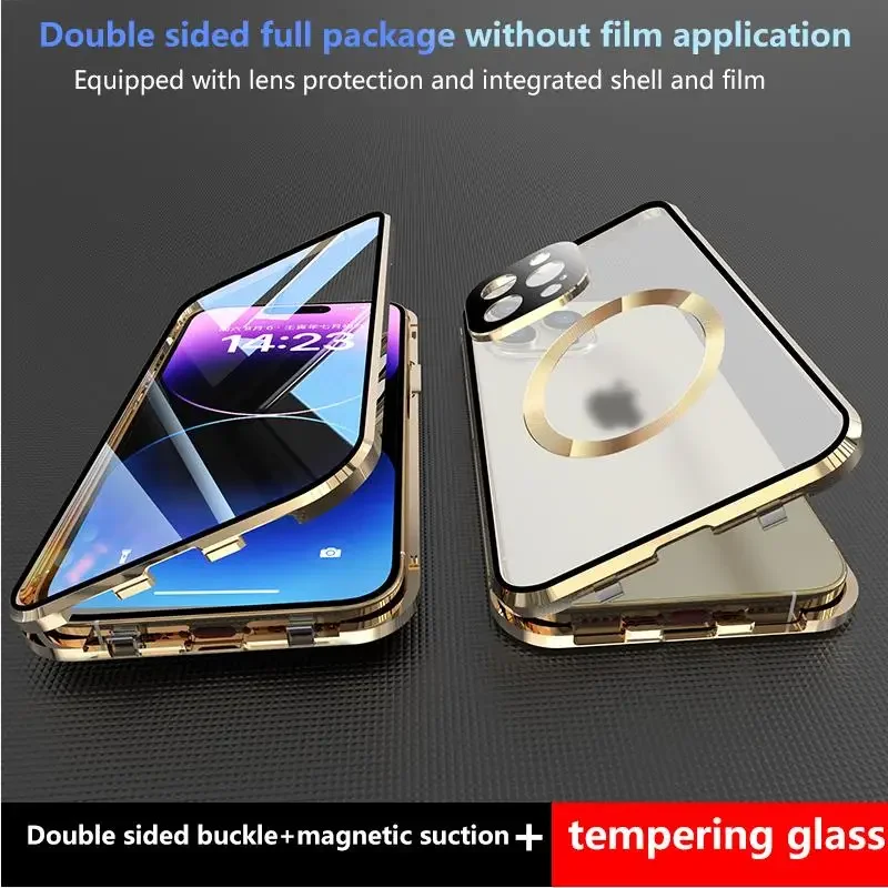 

For iPhone 15 14 12 13 Pro Max Case 360° Full Sealed Glass Metal border for Magsafe Magnetic Wireless charging Protective cover