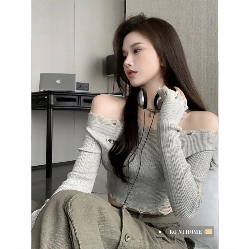 

Sexy Girl Slash Neck Long Sleeve Vintage Sweater Women Early Fall Short Version Korea Style Solid Color Retro Hole Knitwear Tops