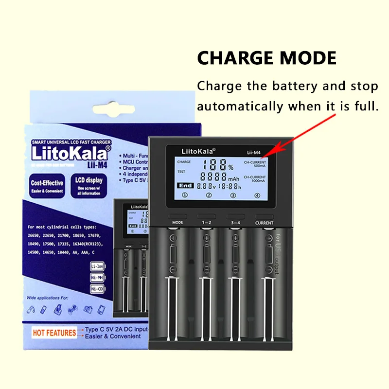 Battery Charger LiitoKala Lii-M4 18650 LCD Display Smart Test Capacity Suitable For 3.7V 26650 18350 21700 18500 1.2V AA AAA 4 Slots