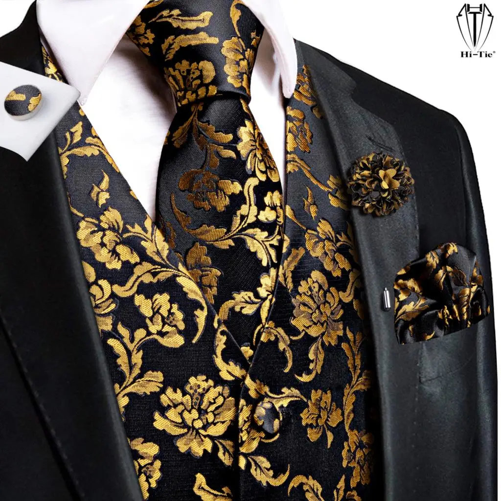 Hi-Tie Luxury Silk Mens Vests Black Gold Floral Jacquard Waistcoat Tie Hanky Cufflinks Brooch Set for Men Suit Wedding Office XL dress vests