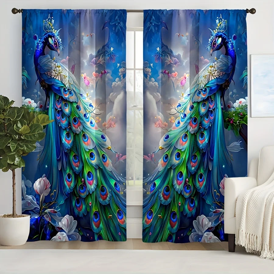 

2pcs New Fashion Purple Blue Feather Peacock Digital Printing Curtain Rod Pocket Curtain For Living Room Office Home Decor