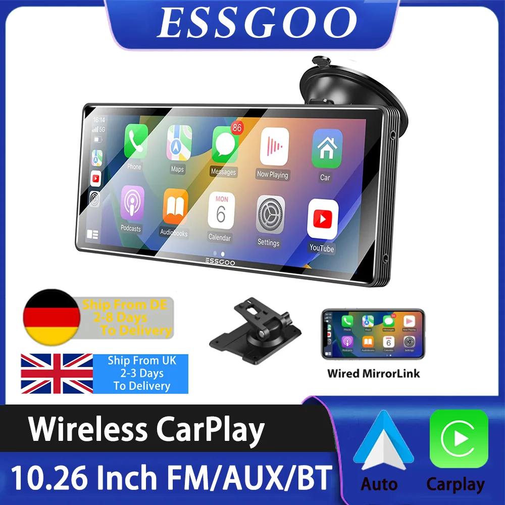 ESSGOO 10.26 pouces Carplay MP5 lecteur Portable BT tactile Srceen sans fil Carplay Android Auto autoradio pour vidéo Apple ou Android