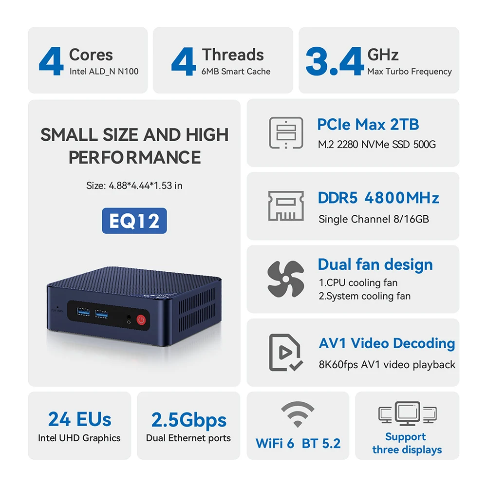 Beelink EQ12 MINI PC DDR5 12th Gen Intel Core i3 N100 DDR4 Desktop WIFI6 BT  Computer