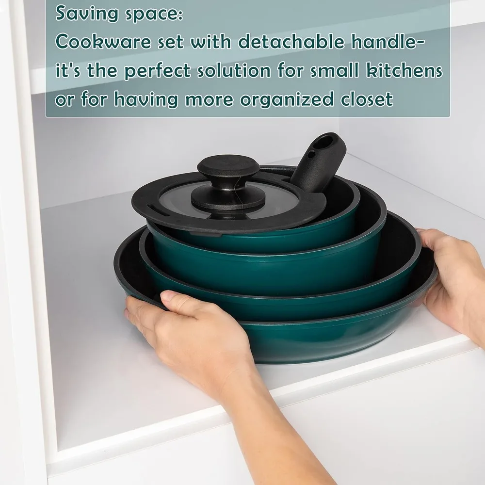 Moss & Stone Aluminum Pots And Pans Set Nonstick, Removable Handle Cookware,  Stackable , Dishwasher Safe, Induction Camping