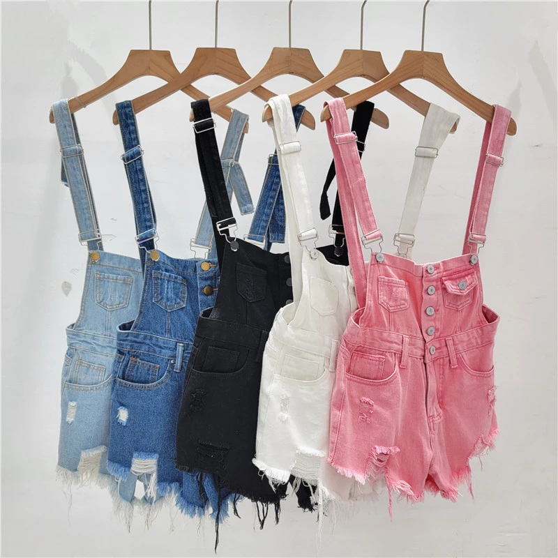 

Academy Style Denim Overalls Women's Small Fashionable Age-Reducing Ripped Tassel Solid Color Wide-Leg Shorts For Summer
